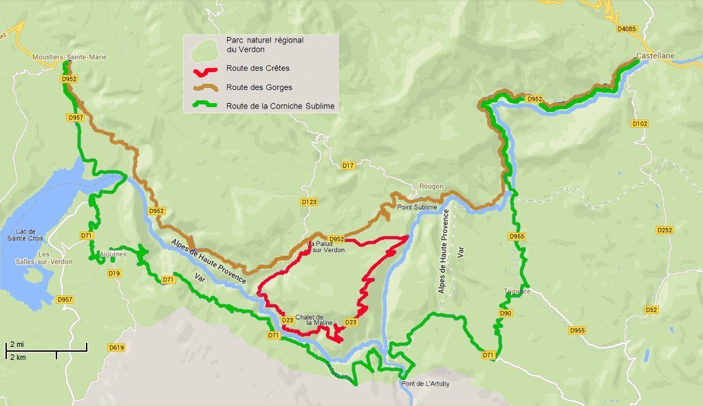 Carte du circuit en voiture autour du Grand Canyon du Verdon
